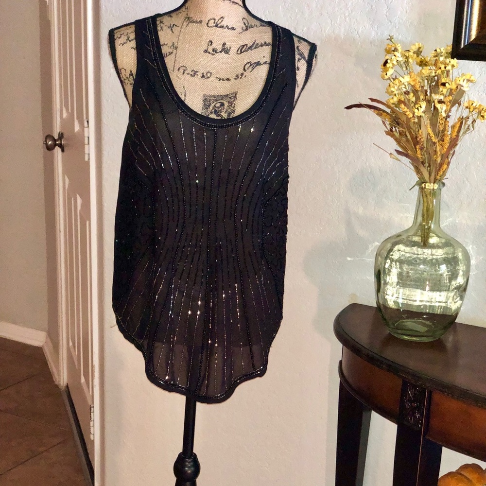 Bar III Black Sequins Sleeveless High-Low Top-M